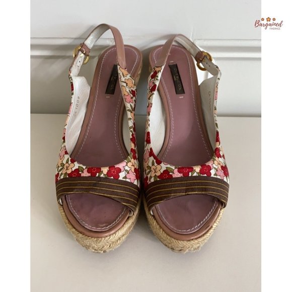 Auth LOUIS VUITTON Floral Satin Fabric Patent Ankle Strap Espadrille Wedge 7.5 - Picture 14 of 15